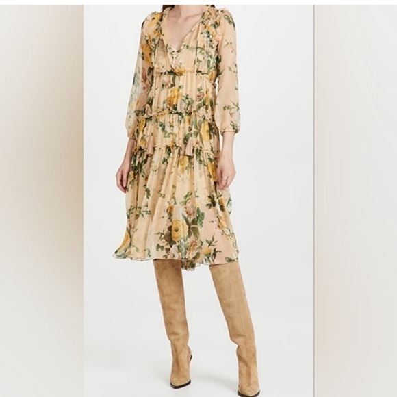 Anthropologie O.P.T floral chiffon dress Small tan green